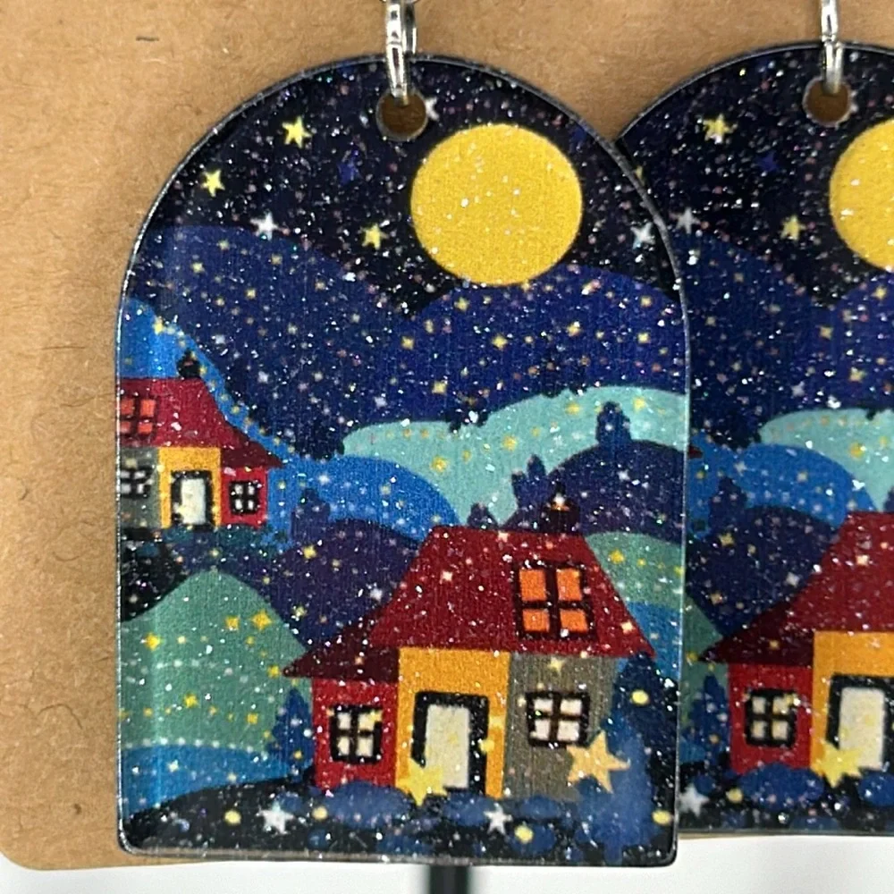 Sparkling 2D Acrylic Dangle Earrings Night View Fashion Jewelry - Picture 3 of 3